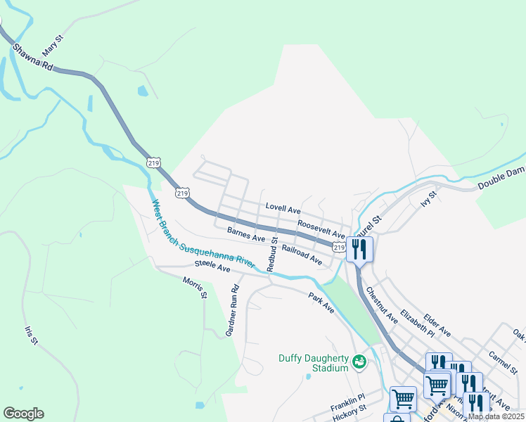 map of restaurants, bars, coffee shops, grocery stores, and more near Sassafras St in Northern Cambria