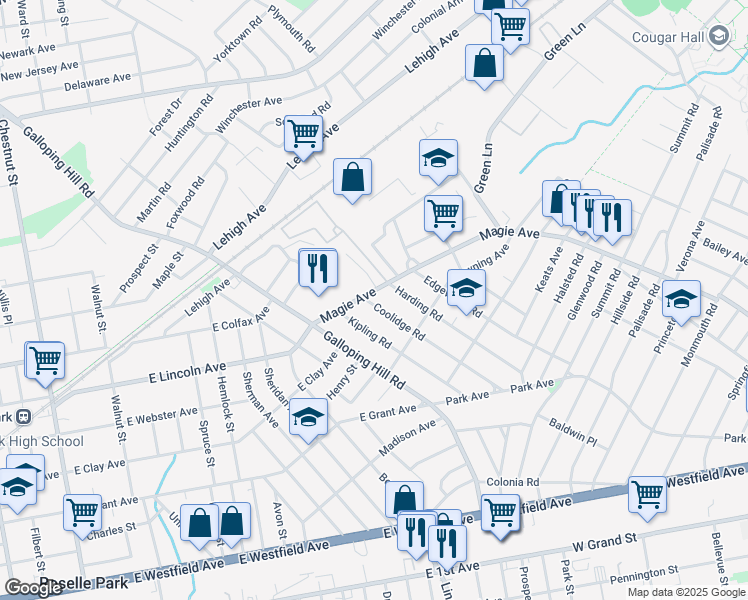 map of restaurants, bars, coffee shops, grocery stores, and more near 1266 Magie Avenue in Elizabeth