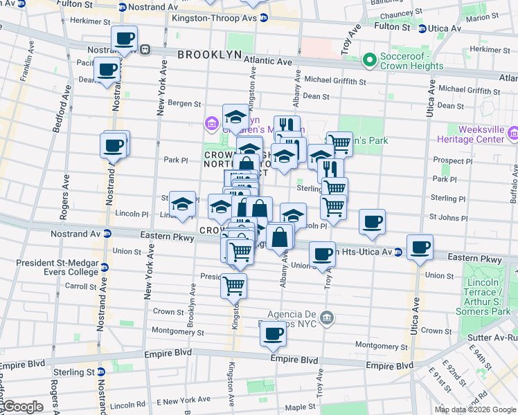 map of restaurants, bars, coffee shops, grocery stores, and more near 1120 Saint Johns Place in Brooklyn