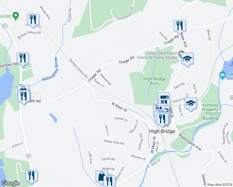 map of restaurants, bars, coffee shops, grocery stores, and more near 18 Stillwell Road in High Bridge