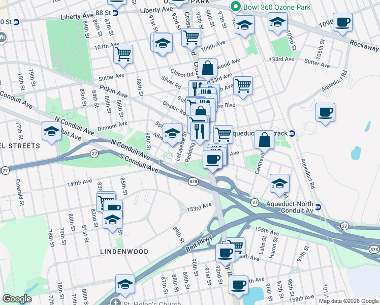 map of restaurants, bars, coffee shops, grocery stores, and more near 138-11 Lafayette Street in Queens