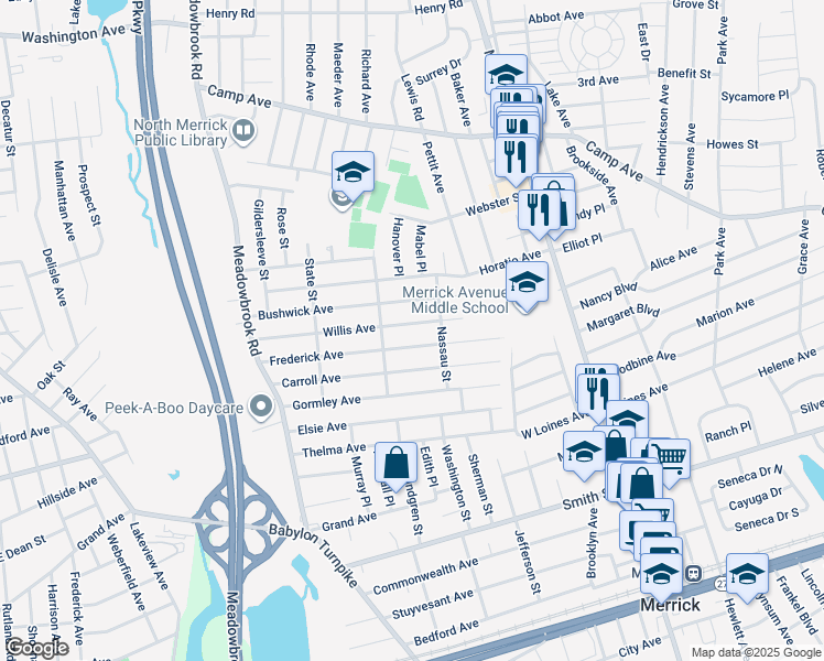 map of restaurants, bars, coffee shops, grocery stores, and more near 1858 Willis Avenue in Merrick