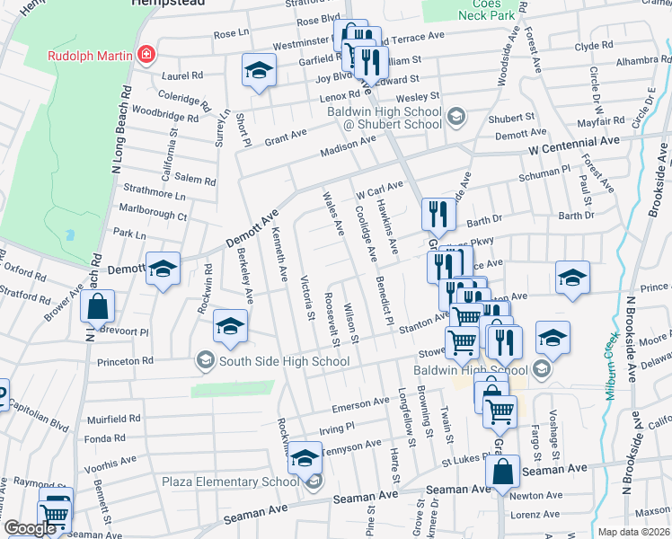 map of restaurants, bars, coffee shops, grocery stores, and more near 614 Colonial Place in Baldwin