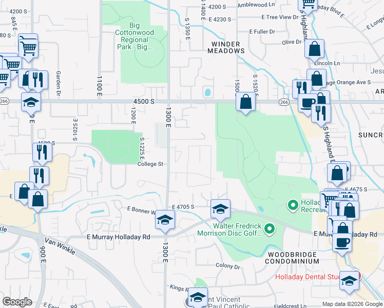 map of restaurants, bars, coffee shops, grocery stores, and more near 4607 Stockbridge Lane in Millcreek