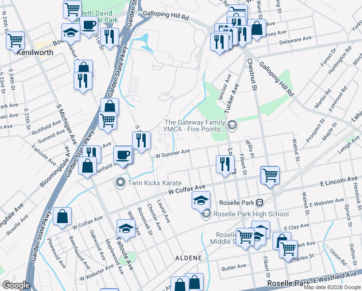 map of restaurants, bars, coffee shops, grocery stores, and more near 165 West Sumner Avenue in Kenilworth