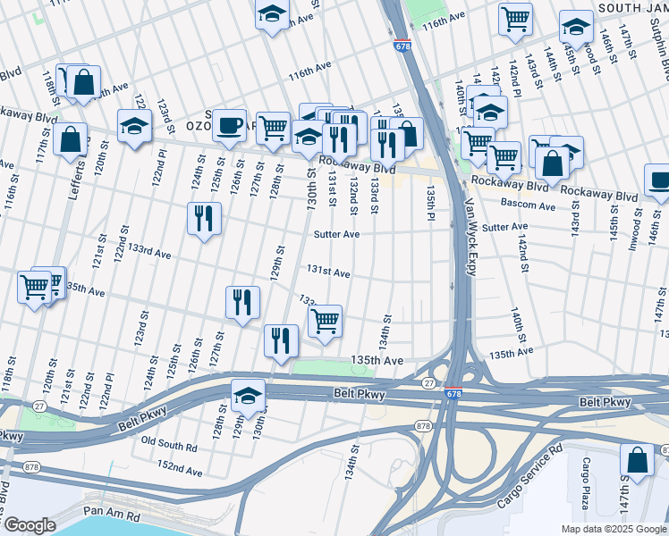 map of restaurants, bars, coffee shops, grocery stores, and more near 129-41 131st Street in Queens