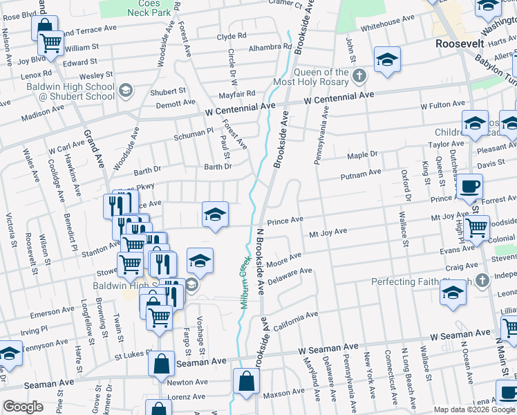 map of restaurants, bars, coffee shops, grocery stores, and more near 497 North Brookside Avenue in Freeport