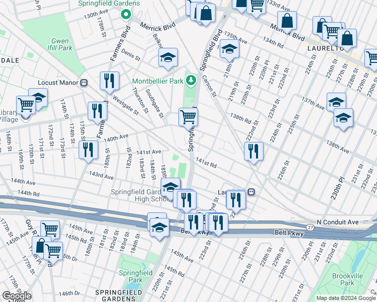 map of restaurants, bars, coffee shops, grocery stores, and more near 14 141st Avenue in Queens