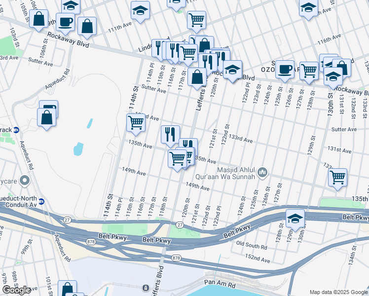 map of restaurants, bars, coffee shops, grocery stores, and more near 133-50 Lefferts Boulevard in Queens