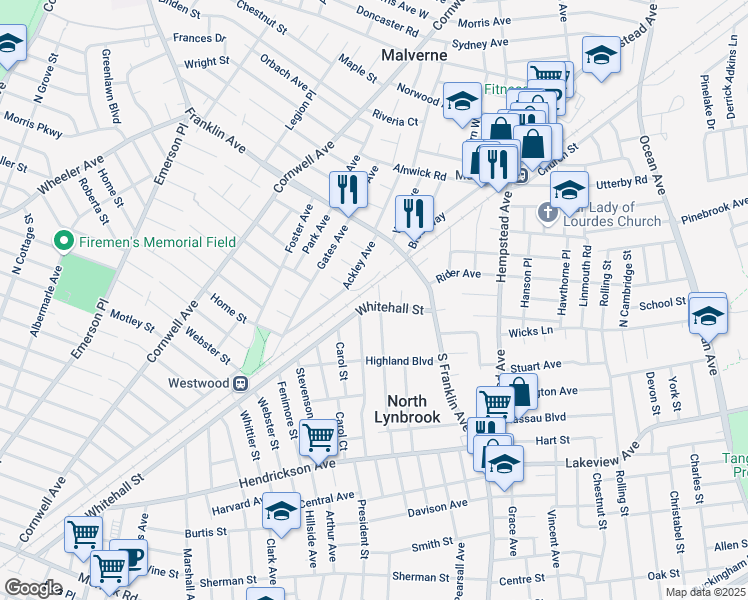 map of restaurants, bars, coffee shops, grocery stores, and more near 490 Whitehall Street in Lynbrook