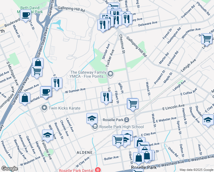 map of restaurants, bars, coffee shops, grocery stores, and more near 832 Locust Street in Roselle Park