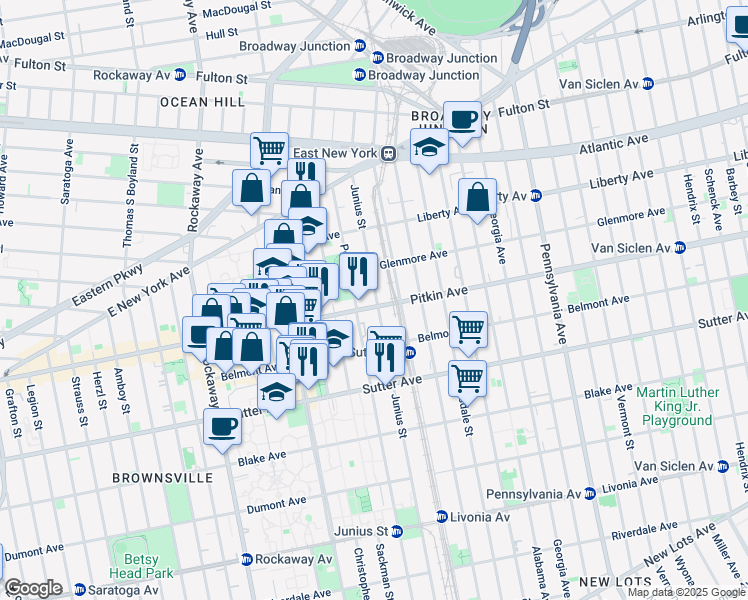 map of restaurants, bars, coffee shops, grocery stores, and more near 1883 Pitkin Avenue in Brooklyn