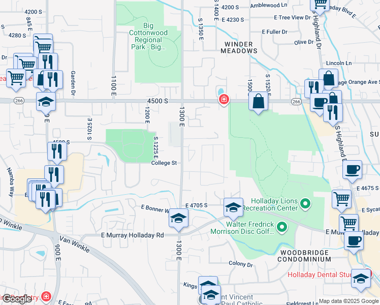 map of restaurants, bars, coffee shops, grocery stores, and more near 4581 South 1300 East in Millcreek