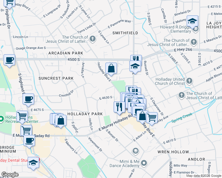 map of restaurants, bars, coffee shops, grocery stores, and more near 2194 Iverson Woods Place in Holladay