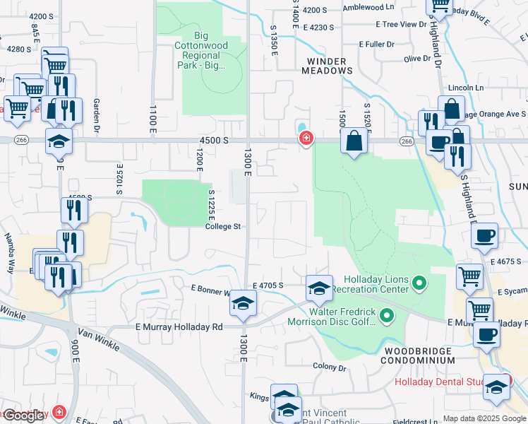 map of restaurants, bars, coffee shops, grocery stores, and more near 4581 South 1300 East in Millcreek
