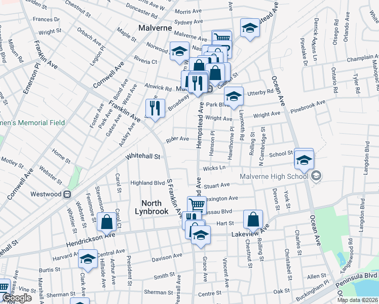 map of restaurants, bars, coffee shops, grocery stores, and more near 4 Birch Road in Malverne