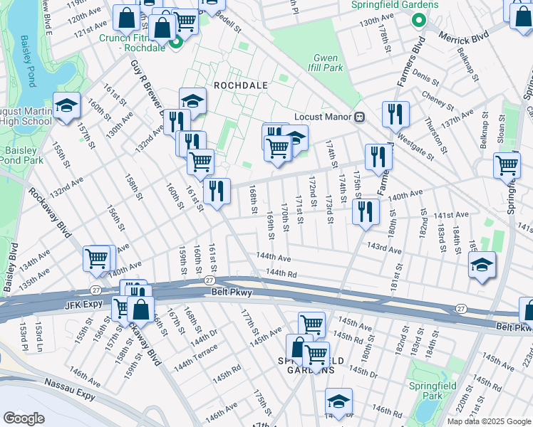 map of restaurants, bars, coffee shops, grocery stores, and more near 168-9 140th Avenue in Queens