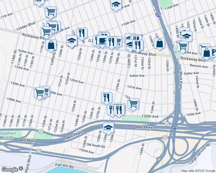 map of restaurants, bars, coffee shops, grocery stores, and more near 130-55 127th Street in Queens