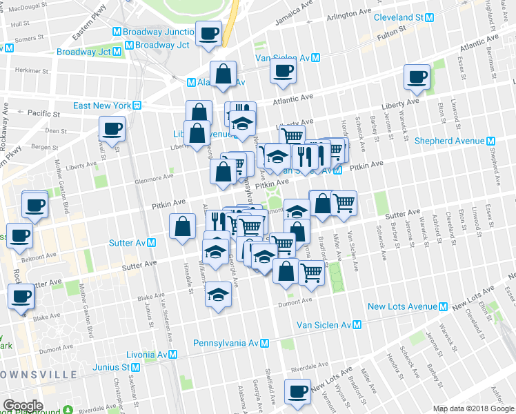 map of restaurants, bars, coffee shops, grocery stores, and more near 272 Pennsylvania Avenue in Brooklyn