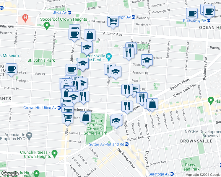 map of restaurants, bars, coffee shops, grocery stores, and more near 1647 Sterling Place in Brooklyn