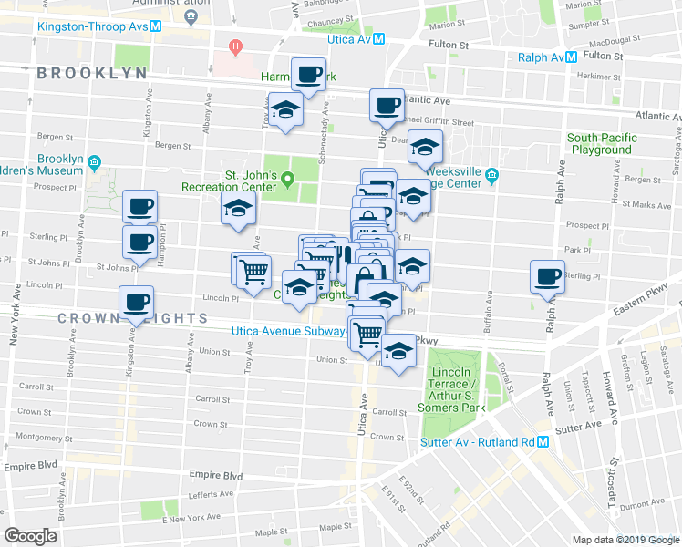 map of restaurants, bars, coffee shops, grocery stores, and more near 1399 Saint Johns Place in Brooklyn