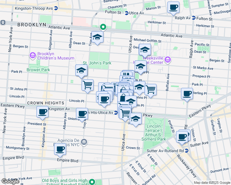map of restaurants, bars, coffee shops, grocery stores, and more near 1399 Saint Johns Place in Brooklyn