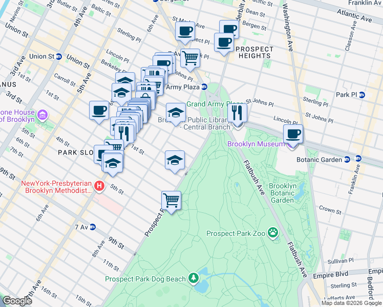 map of restaurants, bars, coffee shops, grocery stores, and more near 51 Montgomery Place in Brooklyn