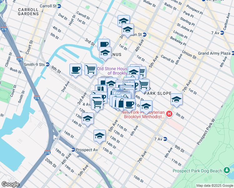 map of restaurants, bars, coffee shops, grocery stores, and more near 225 8th Street in Brooklyn