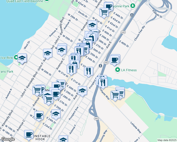 map of restaurants, bars, coffee shops, grocery stores, and more near 510 Avenue E in Bayonne