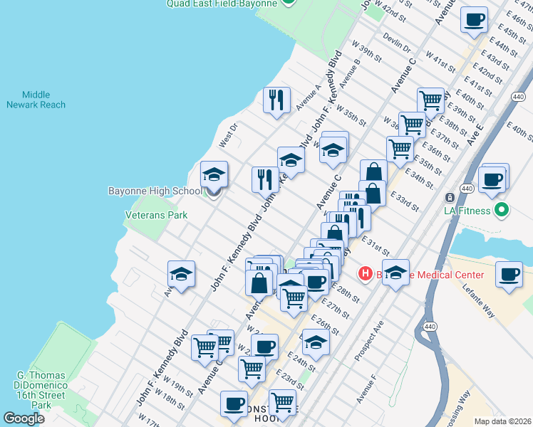 map of restaurants, bars, coffee shops, grocery stores, and more near 96 West 30th Street in Bayonne