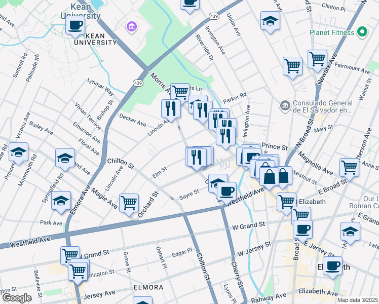 map of restaurants, bars, coffee shops, grocery stores, and more near 440 Cherry Street in Elizabeth