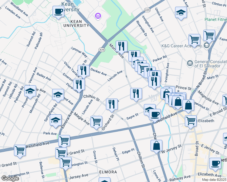 map of restaurants, bars, coffee shops, grocery stores, and more near 146 Stiles Street in Elizabeth