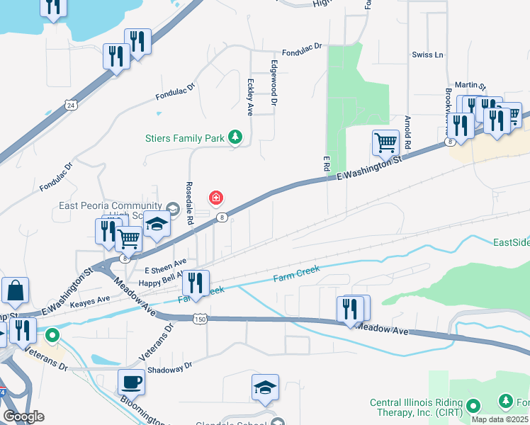 map of restaurants, bars, coffee shops, grocery stores, and more near in East Peoria
