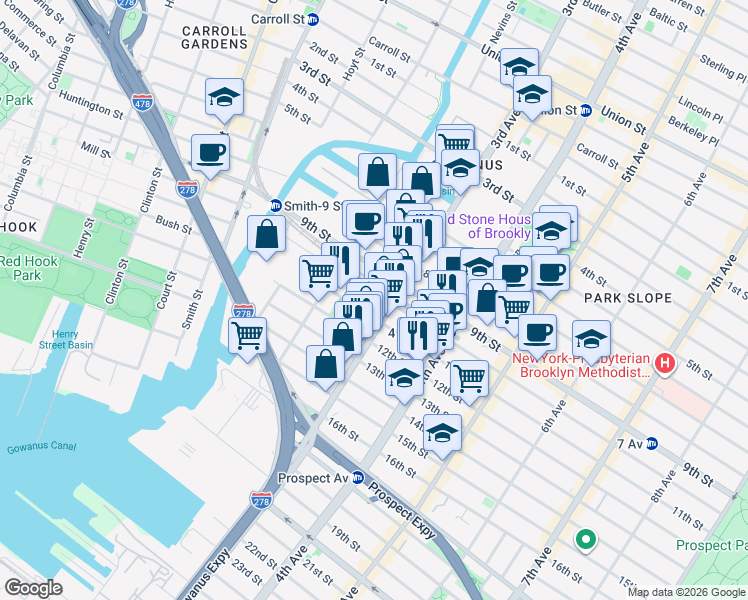 map of restaurants, bars, coffee shops, grocery stores, and more near 198 10th Street in Brooklyn