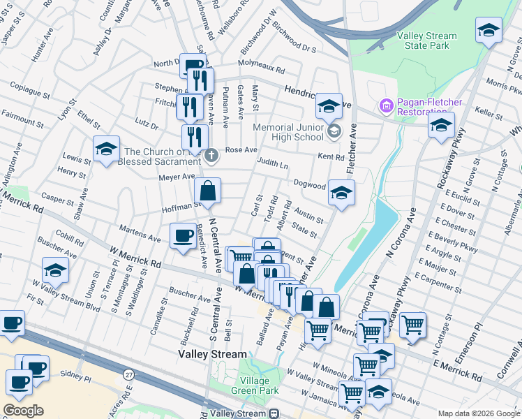 map of restaurants, bars, coffee shops, grocery stores, and more near 58 Carl Street in Valley Stream