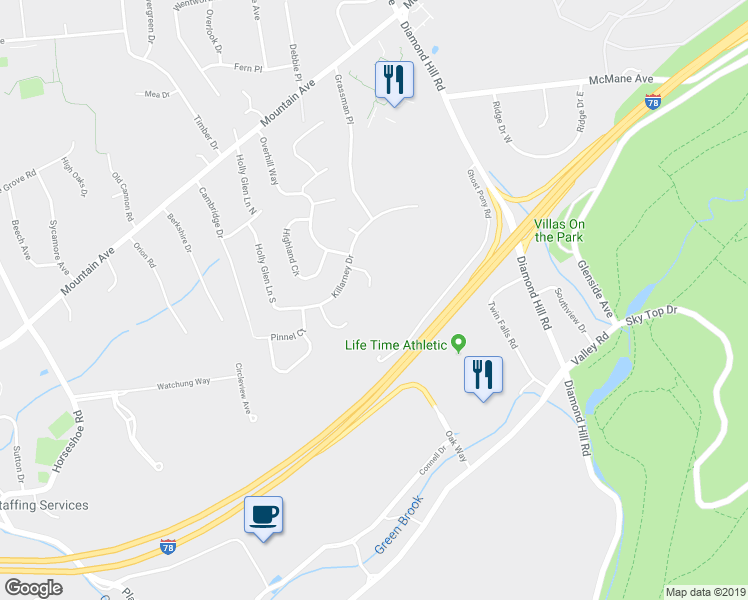 map of restaurants, bars, coffee shops, grocery stores, and more near 50 Pinewood Crescent in Berkeley Heights