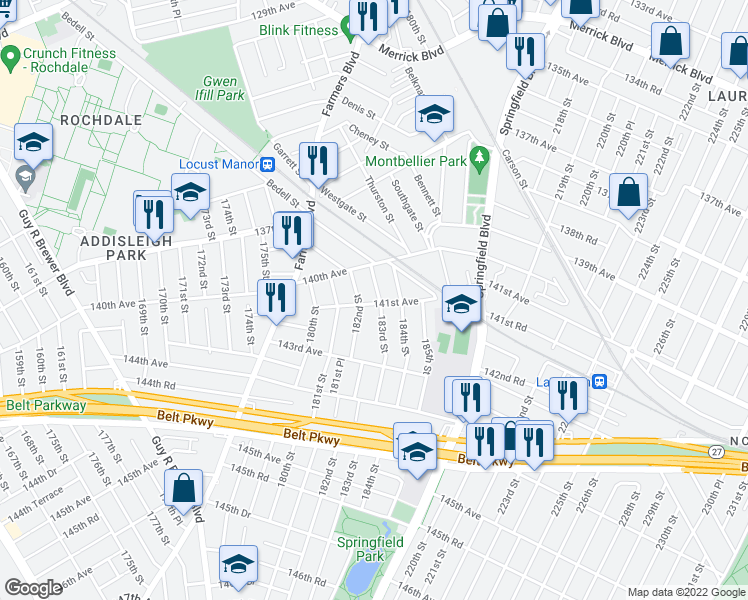 map of restaurants, bars, coffee shops, grocery stores, and more near 140-40 183rd Street in Queens