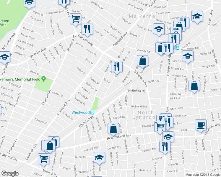 map of restaurants, bars, coffee shops, grocery stores, and more near 109 Gates Avenue in Malverne