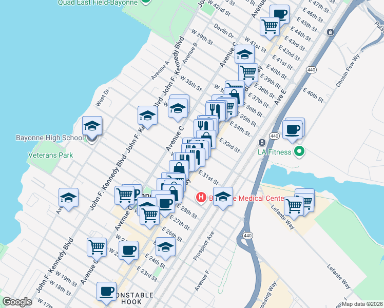 map of restaurants, bars, coffee shops, grocery stores, and more near 16 West 32nd Street in Bayonne