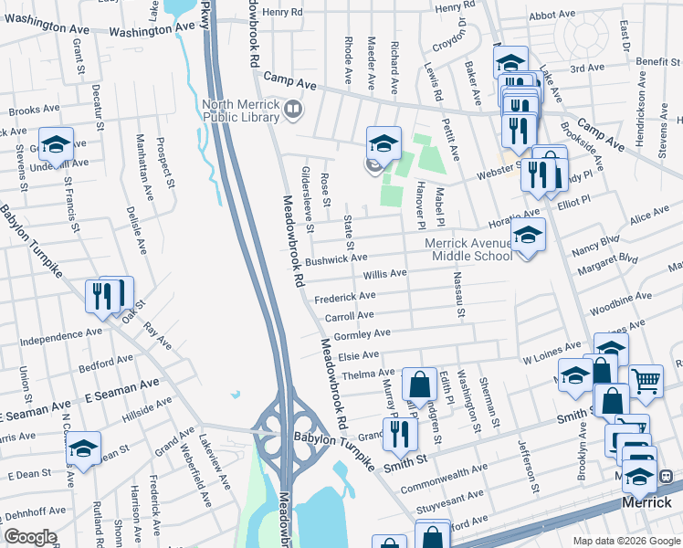 map of restaurants, bars, coffee shops, grocery stores, and more near 1735 Willis Avenue in Merrick