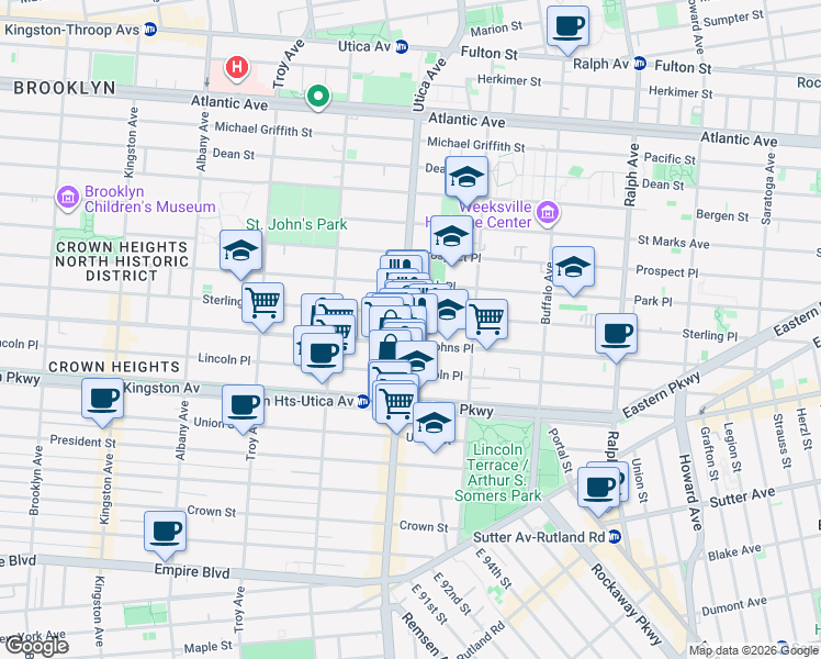 map of restaurants, bars, coffee shops, grocery stores, and more near 225 Utica Avenue in Brooklyn