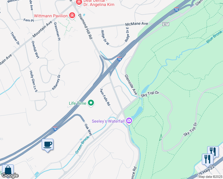 map of restaurants, bars, coffee shops, grocery stores, and more near 301 Diamond Hill Road in Berkeley Heights