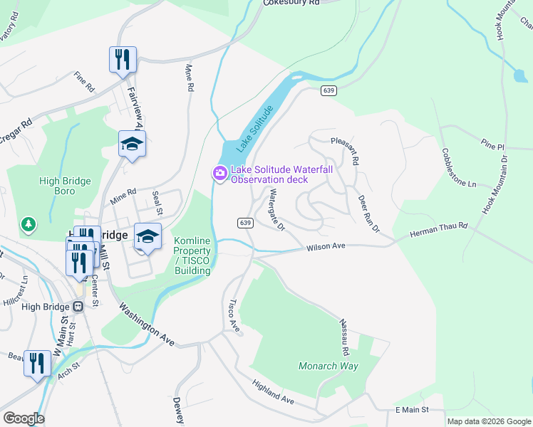 map of restaurants, bars, coffee shops, grocery stores, and more near 8 Watergate Drive in High Bridge