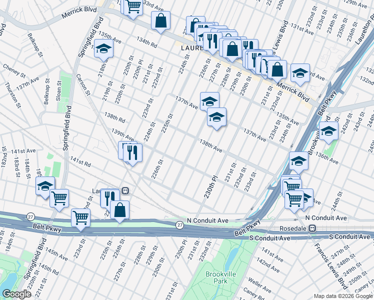 map of restaurants, bars, coffee shops, grocery stores, and more near 138-30 228th Street in Queens