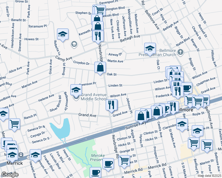 map of restaurants, bars, coffee shops, grocery stores, and more near 429 Linden St in Bellmore