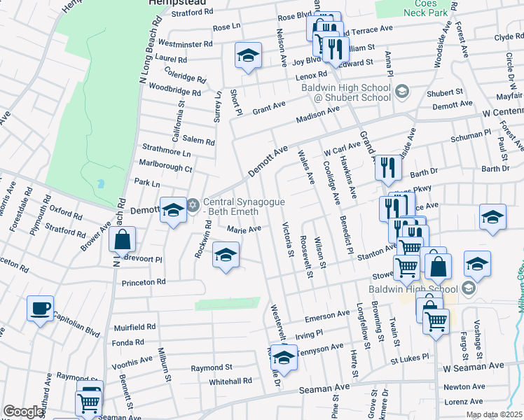 map of restaurants, bars, coffee shops, grocery stores, and more near 1540 Kenneth Avenue in Baldwin