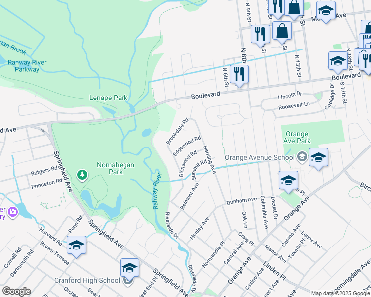 map of restaurants, bars, coffee shops, grocery stores, and more near 108 Edgewood Rd in Cranford