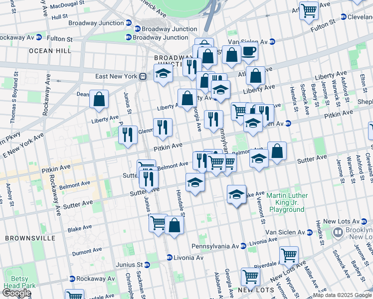 map of restaurants, bars, coffee shops, grocery stores, and more near 289 Williams Avenue in Brooklyn