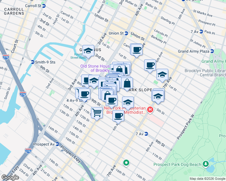 map of restaurants, bars, coffee shops, grocery stores, and more near 339 6th Street in Brooklyn