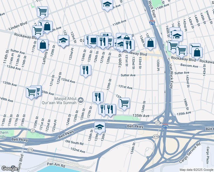 map of restaurants, bars, coffee shops, grocery stores, and more near 130-48 129th Street in Queens